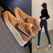 Hook high-top shoes women 2021 autumn and winter new leather Joker thick-bottom Net red casual cotton shoes women plus Velvet