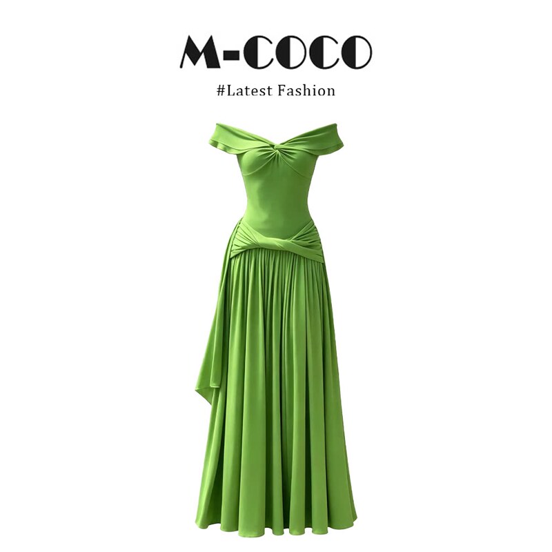 Marie.Coco Plus-Size French-Style New Holiday-Style Green One-Shoulder Twist-Knot Off-Shoulder Dress Slimming Long Dress