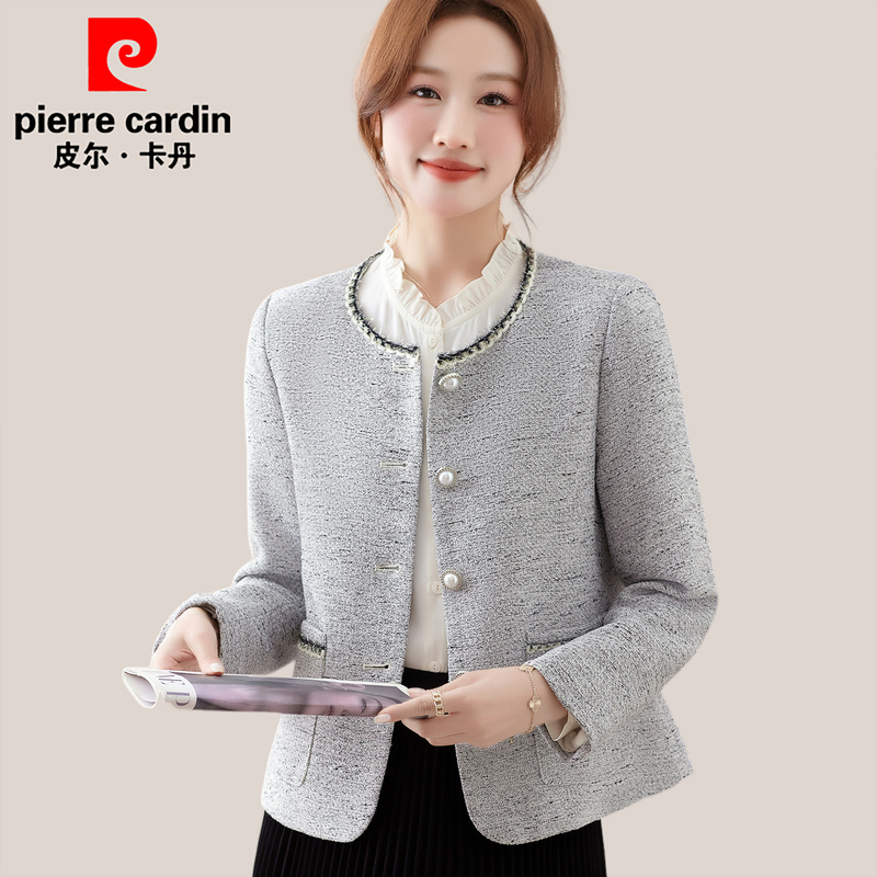 Pierre Cardin Brand Tweed Short Jacket with Round Neck, Women's Spring High-End Slim-Fit Jacket