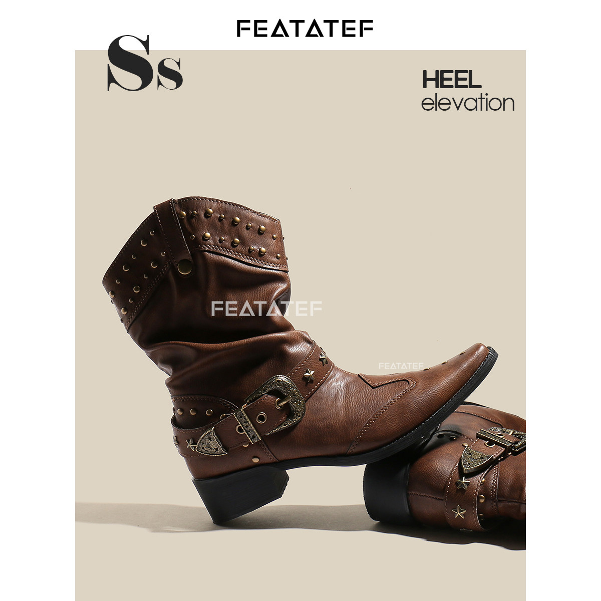 FEATATEF オリジナルデザイン レザー チャンキーヒール アンクルブーツ レディース ベルトバックル付き ヴィンテージスタイル スタッズ付きポインテッドトゥ ウエスタンスタイル ライダーブーツ