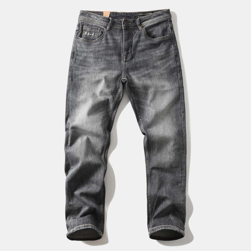 Heavyweight Gray American Retro Gray Jeans, Sand-Washed Straight-Leg Loose Casual Long Pants, Stretchy Men's Cargo Pants