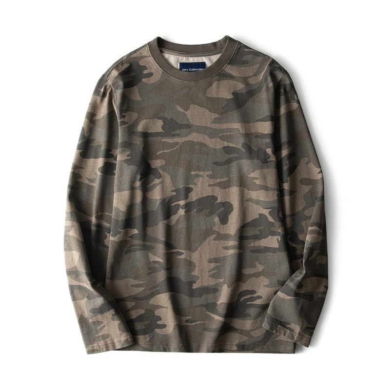 American Retro Heavy-Duty Camouflage Round-Neck Long-Sleeve T-Shirt, Washed Trendy Pure Cotton Casual Loose Stretchy Top