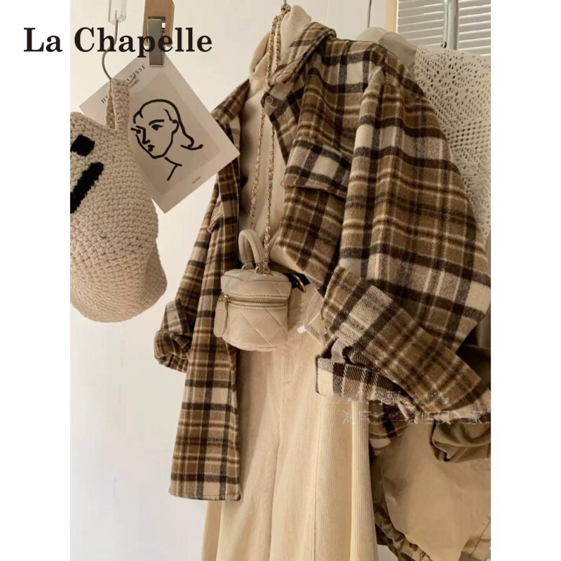 La Chapelle Melard Coffee-Colored Plaid Shirt for Women, Autumn 2026 New Versatile Layered Vintage Shirt Jacket