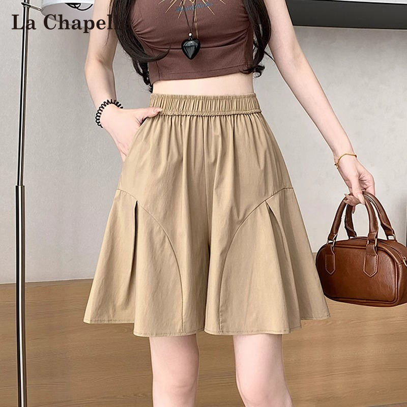 La Chapelle アイスシルク ワークショーツ レディース 夏 薄手 アウター ゴムウエスト ハイウエスト ゆったり Aライン 5点式 ワイドレッグパンツ