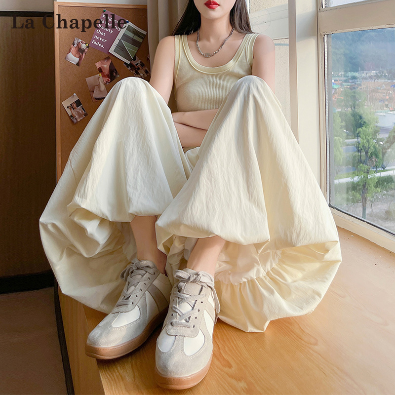 La Chapelle Ice Silk Quick-Drying Bloomers for Women, Summer Thin Loose Drape Casual Wide-Leg Puffy Skirt Pants