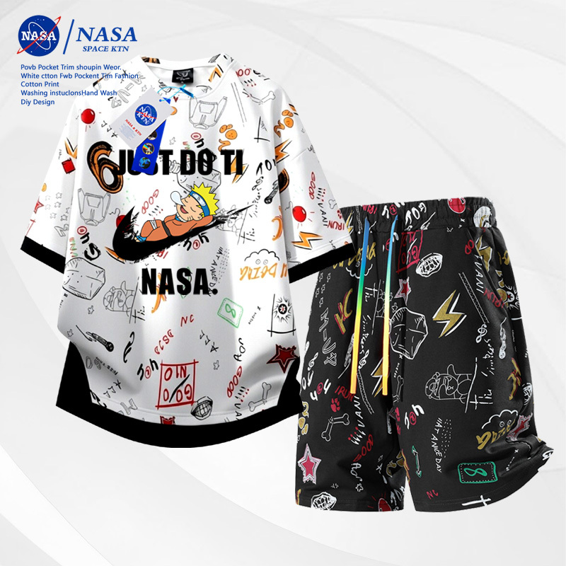 Nasa Co-Branded Sports Suit for Men, Summer Trendy Brand, Loose-Fitting, Short-Sleeved Shorts for Teenagers and Students, Two-Piece Set for Boys