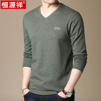Hengyuanxiang v-neck long-sleeved t-shirt mens spring and autumn base shirt top middle-aged casual loose t-shirt Dad spring