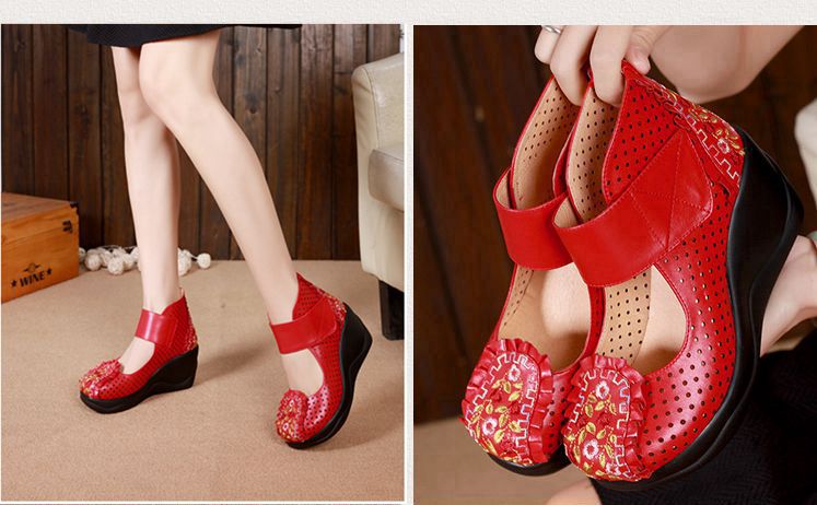 Mùa xuân và mùa hè mới giày nữ phong cách quốc gia nêm da tinh khiết với giày đơn nữ đế bệt thêu dép đế bằng dép fila