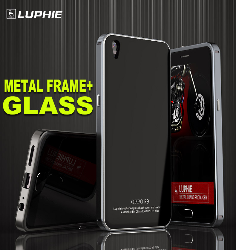 Luphie Aircraft Aluminum Metal Frame 9H Tempered Glass Back Cover Case for OPPO R9 Plus