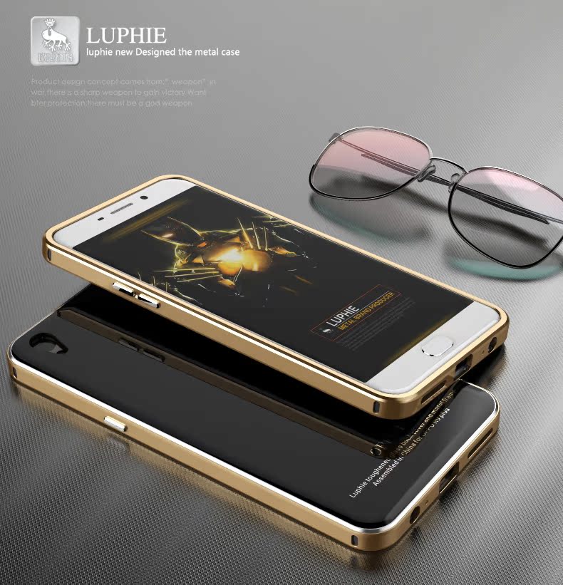 Luphie Aircraft Aluminum Metal Frame 9H Tempered Glass Back Cover Case for OPPO R9 Plus