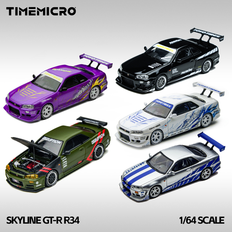 Timemicro 1:64 Skyline Gt-R R34 Fast and Furious Brian Silver Blue Alloy Car Model