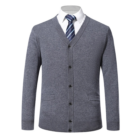 沐羊纯羊毛开衫男中年V领100加厚休闲毛衣爸爸针织外穿打底外套