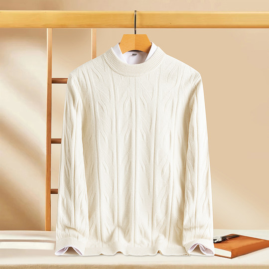 圆领男士羊毛衫100纯羊毛麻花粗线时尚厚款冬季保暖打底针织毛衣