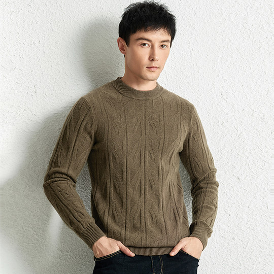 圆领男士羊毛衫100纯羊毛麻花粗线时尚厚款冬季保暖打底针织毛衣