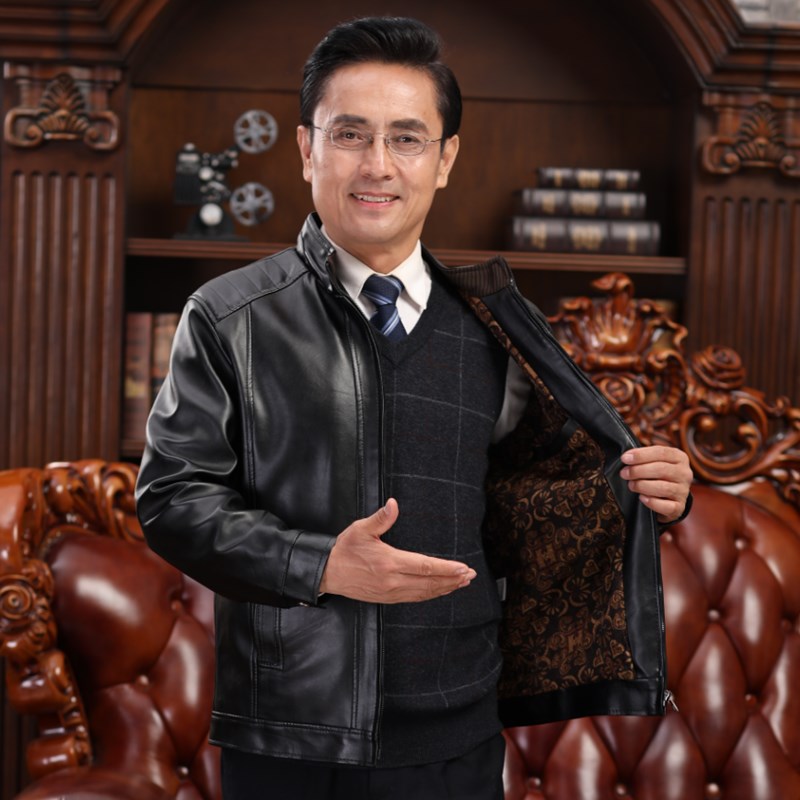 Laiffsd/莱佛仕帝皮夹克男装外套男爸爸装皮衣男中老年加绒加厚男