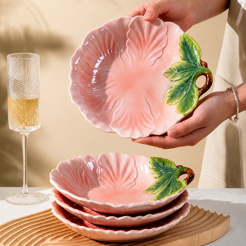 Underglaze Hand-Painted Enamel Green Branch and Pink Rhyme Relief Ceramic Plate, Household Fruit Plate, Vegetable Plate, Tea Snack Plate, Storage, Can Be Hung on the Wall
