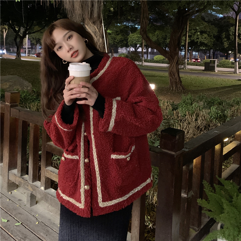 Real price real shot loose Christmas red fur one piece lamb coat