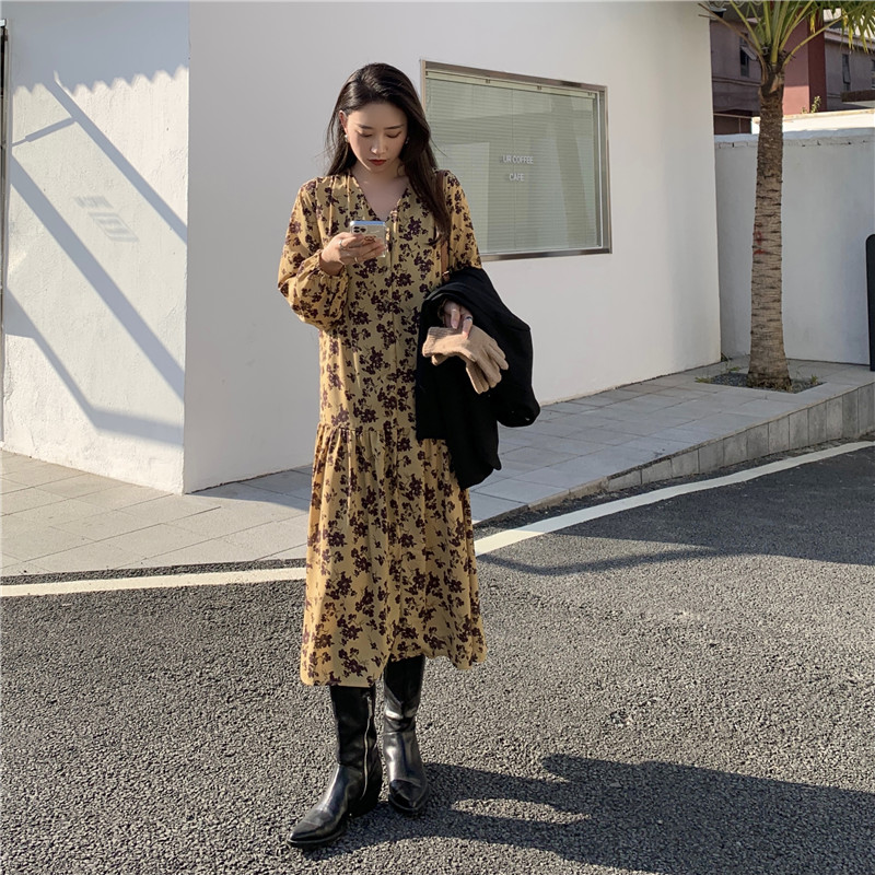 Real price shooting Korean style with chiffon long sleeves showing thin V-neck floral dress spring and winter