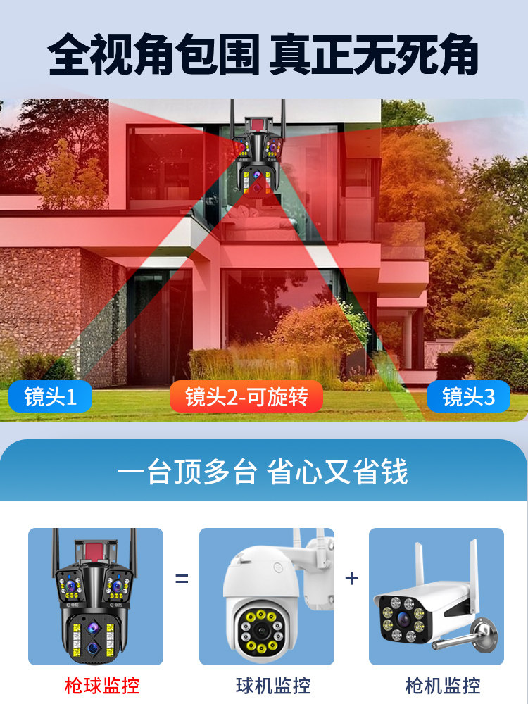 Three-Screen Camera Mobile Phone Remote Monitoring Outdoor 360-Degree No Blind Spot Photography Wireless Home High-Definition Night Vision