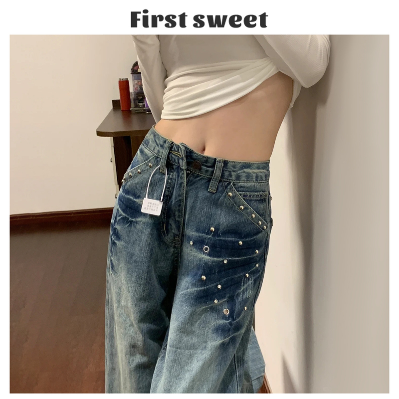 Retro Blue Rivet Design Wide-Leg Jeans for Women 2026 Summer New Style American High-Waisted Loose Slimming Straight Pants