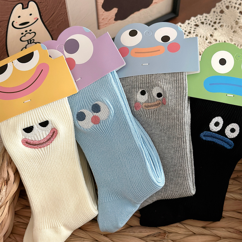 Cute Expression Double-Needle Pure Cotton Socks for Women, Fun and Quirky Embroidered Mid-Calf Socks, Spring and Autumn Style Slouchy Long Socks, Cartoon Socks Cute Expression Double-Needle Pure Cotton Socks for Women, Fun and Quirky Embroidered Mid-Calf Socks, Spring and Autumn Style Slouchy Long Socks, Cartoon Socks