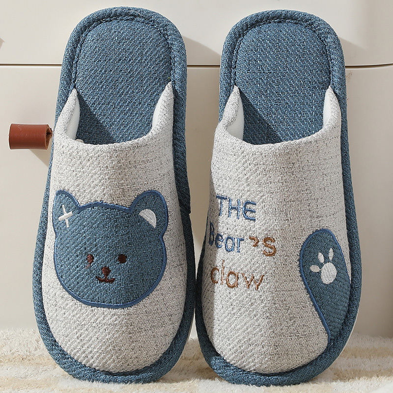 Cartoon Cotton and Linen Slippers for Men, Suitable for All Seasons, Non-Slip, Indoor Floor, Silent, Sweat-Absorbent, Breathable, Odor-Free