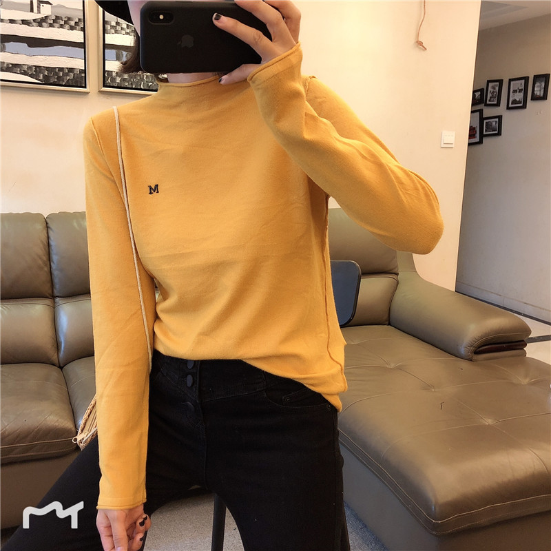 Một nửa cổ áo hoang dã nữ dài tay buông thả mùa xuân và mùa thu mỏng phần áo sơ mi mỏng là chữ M phiên bản tiếng Hàn của áo len nữ áo len nữ cổ cao