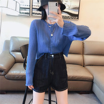 European station 2020 summer round neck thin long sleeve curling thread foreign style stretch slim ice silk knit short cardigan 0161