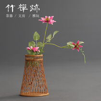 Bamboo Zen Traces) Bamboo Flower Arrangement Original Bamboo Handmade Small Flower Basket Ornament Basket Vase Zen Chinese Flower Arrangement Basket