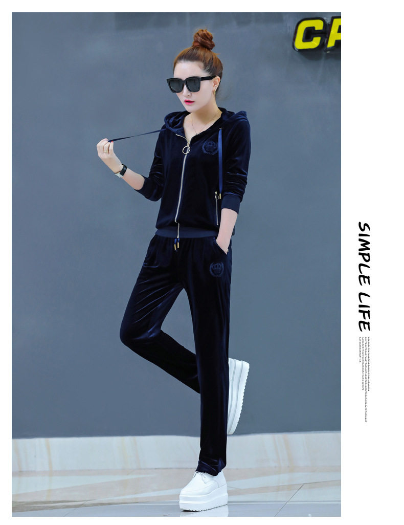 2018春季运动服套装女时尚气质亮片印花金丝