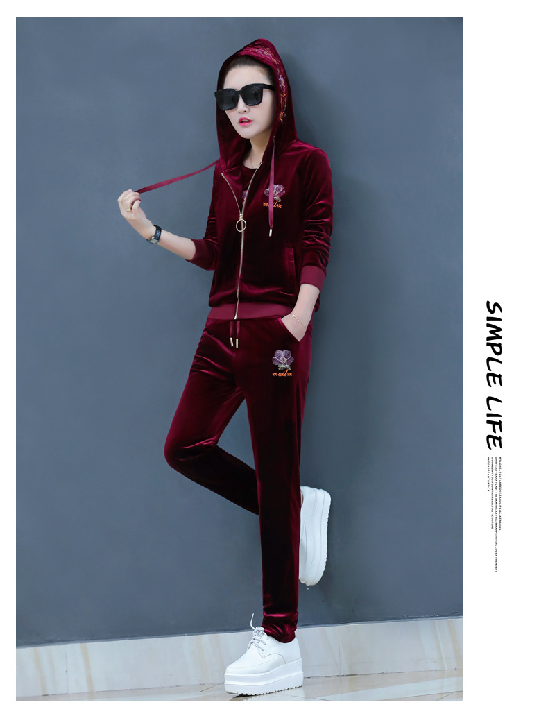 2018春季运动服套装女时尚气质亮刺绣金丝绒