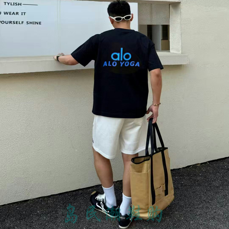Trendy Brand Alo New 3D Silicone Letter Short-Sleeve T-Shirt Unisex Alo25 Summer New Pure Cotton Crew Neck