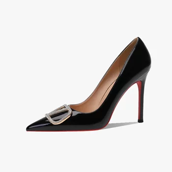 Size 32-45 pointed toe slim heels 2024 new v home buckle black sexy red bottom rhinestone light mouth single shoes for women Size 32-45 pointed toe slim heels 2024 new v home buckle black sexy red bottom rhinestone light mouth single shoes for women