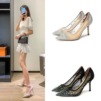 Mesh rhinestone single shoes for women 2025 summer new color diamond shallow mouth pointed toe thin heel super high heel shoes for women Mesh rhinestone single shoes for women 2025 summer new color diamond shallow mouth pointed toe thin heel super high heel shoes for women