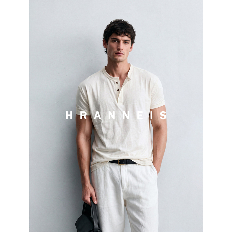 Hranneis 26Ss Bamboo Cotton Henley Shirt Men's T-Shirt Summer Thin Vintage Style Tough Guy Short-Sleeve Shirt That Shows Muscles Hranneis 26Ss Bamboo Cotton Henley Shirt Men's T-Shirt Summer Thin Vintage Style Tough Guy Short-Sleeve Shirt That Shows Muscles