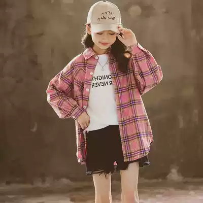 Korean girls plaid shirt spring and autumn coat children's long sleeve shirt middle child girl jacket foreign Style Autumn Tide