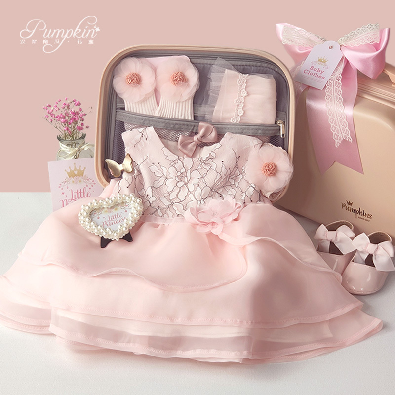 Baby High-End Gift Box Newborn Little Princess Dress Skirt 100-Day Birthday Party Lace Pink Clothing Set Spring and Summer