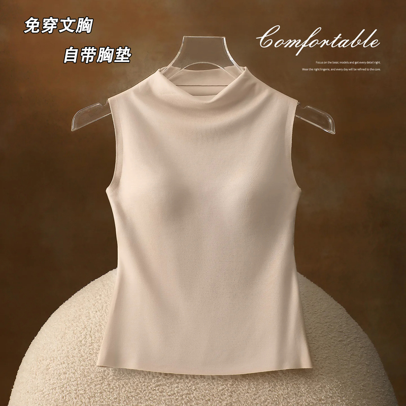 Autumn and Winter Brushed Fleece Half-Turtleneck Vest for Women with Built-In Chest Pads, Slim Fit, Flattering, Suitable as a Base Layer or Outerwear, Sleeveless Top Autumn and Winter Brushed Fleece Half-Turtleneck Vest for Women with Built-In Chest Pads, Slim Fit, Flattering, Suitable as a Base Layer or Outerwear, Sleeveless Top