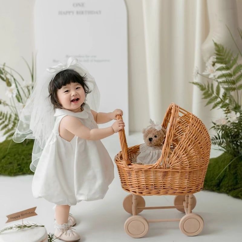 Baby Stroller Made of Grass and Willow, Hand-Woven Children's Toy Cart, Photography Prop, Baby Walking Cart, Flower Basket Cart