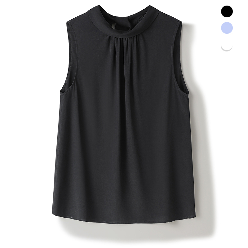 19mm Silk Mulberry Silk Sleeveless Top for Women, Commuter Style with Stand Collar, Pleated Back, Tie-Up, Elegant Commuter Base Shirt