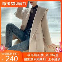 2020 Autumn and Winter new female Korean short double-sided cashmere coat hooded lace-up 100% wool short woolen coat