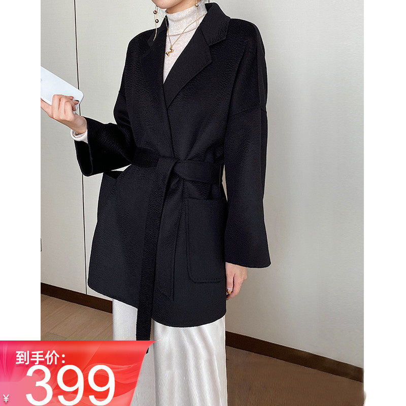 2021 Spring and Autumn new female European and American high-end water corrugated double-sided cashmere coat female wool lace-up slim coat