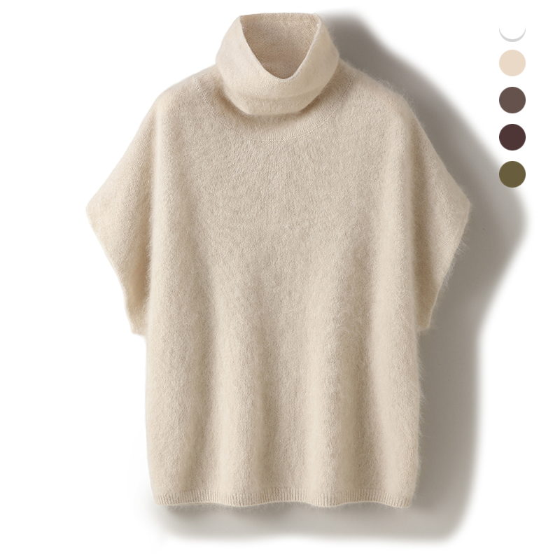 Cashmere + Wool Brushed Thick Turtleneck Cape Sweater for Women, Stacked Collar, Short Sleeves, Loose Short Mid-Length Knitted Vest Cashmere + Wool Brushed Thick Turtleneck Cape Sweater for Women, Stacked Collar, Short Sleeves, Loose Short Mid-Length Knitted Vest