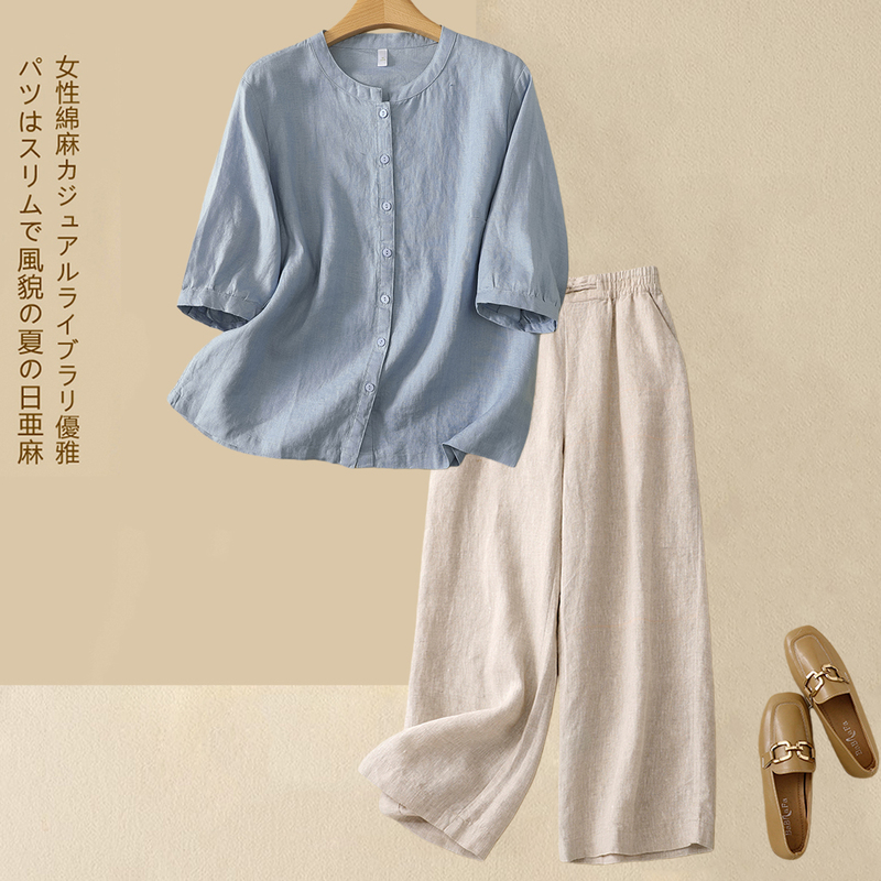 Artistic Retro Summer Thin Cotton and Linen Solid Color Shirt Set for Middle-Aged Women, Loose Large Size Casual Two-Piece Set Artistic Retro Summer Thin Cotton and Linen Solid Color Shirt Set for Middle-Aged Women, Loose Large Size Casual Two-Piece Set