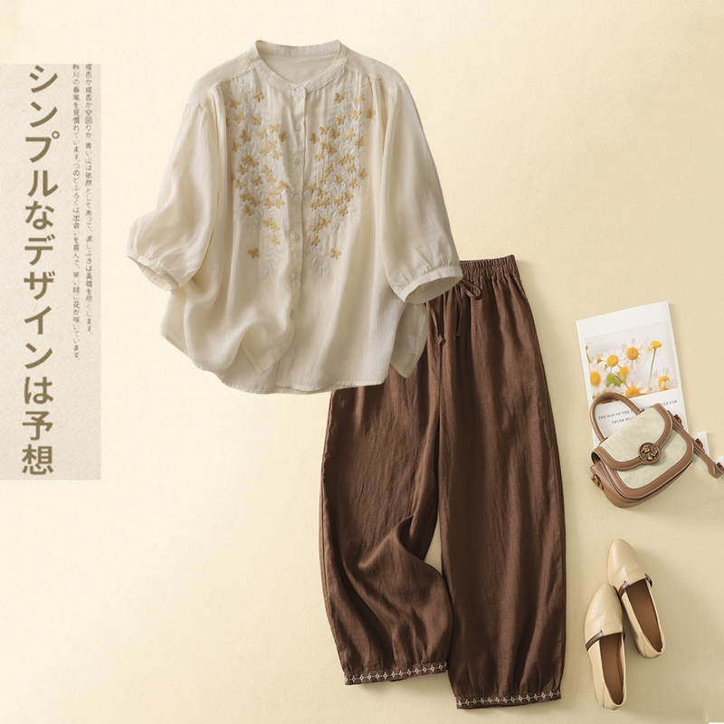 Retro Ethnic Style Embroidered Shirt Plus Size Two-Piece Set for Middle-Aged Mothers Cotton and Linen Summer Suit 2025 New Style Retro Ethnic Style Embroidered Shirt Plus Size Two-Piece Set for Middle-Aged Mothers Cotton and Linen Summer Suit 2025 New Style