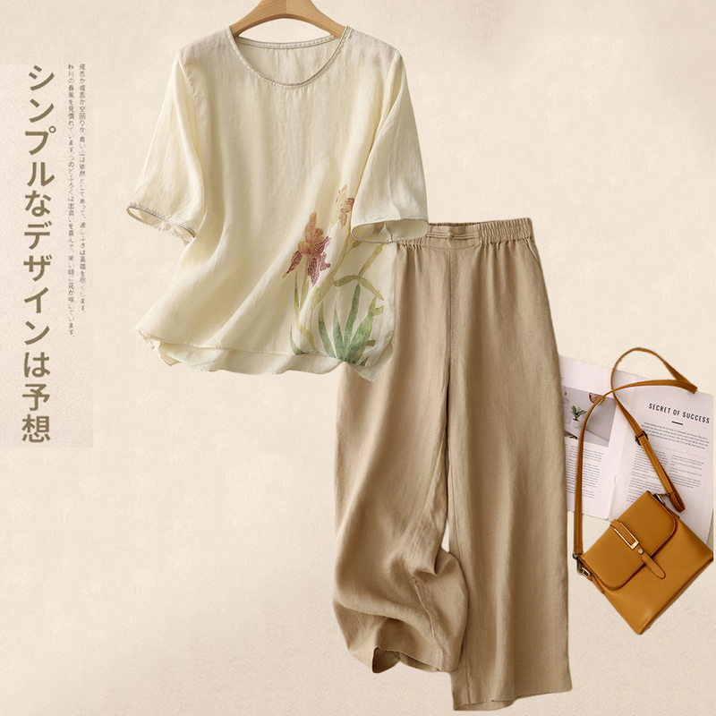 Linen T-Shirt Fashion Set for Women, New Summer Casual Middle-Aged Mother's Outfit, Cotton and Linen Short-Sleeved Wide-Leg Pants Two-Piece Set Linen T-Shirt Fashion Set for Women, New Summer Casual Middle-Aged Mother's Outfit, Cotton and Linen Short-Sleeved Wide-Leg Pants Two-Piece Set