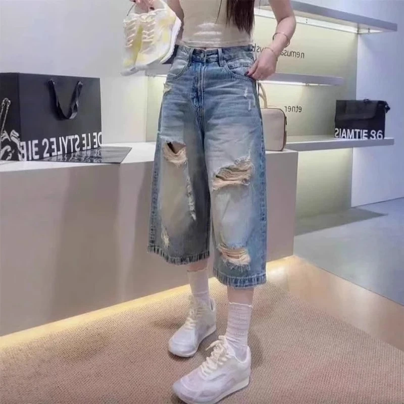 Summer New American Retro High-Waisted Slimming Straight-Leg Jeans, Plus Size Versatile Hip-Covering Ripped Cropped Wide-Leg Pants
