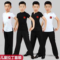 Childrens Latin dance clothing practice suit Long sleeve black and white boy dance art examination suit Dance examination suit
