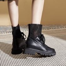 Genuine leather Inn Wind High Help Net yarn Martin boots Summer thin section Girl heightening summer and inner heightening shoe boots Summer breathable