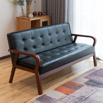 American retro leather pull buckle sofa Nordic small family type living room solid wood double trio position coffee hall cortical sofa